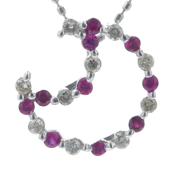 K18WG ホワイトゴールド ネックレス ルビー 0.15ct ダイヤモンド 0.15ct 月 オープンムーン 39cm【新品仕上済】【zz】【中古】