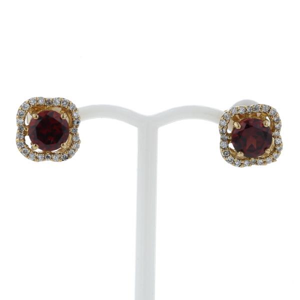 K18YG イエローゴールド ピアス ガーネット ダイヤモンド0.16ct/0.16ct 花 フラワー 取り巻き デザイン【新品仕上済】【zz】【中古】の通販は 71,500円