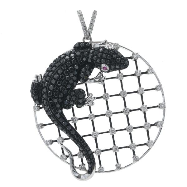 K18WG ホワイトゴールド ネックレストップ ダイヤモンド 2.12ct ルビー 0.04ct ブラックコーティング トカゲ 蜥蜴 アニマル 爬虫類 パヴェ サークル【新品仕上済】【zz】【中古】