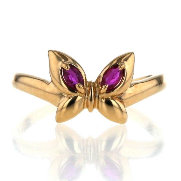 K18YG イエローゴールド リング ルビー 2粒 マーキス 蝶 バタフライ リボン 指輪 11号 【新品仕上済】【zz】【中古】
