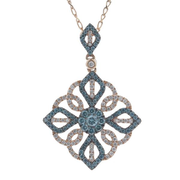 K18PG ピンクゴールド ネックレス ダイヤモンド 0.30ct ブルーダイヤモンド 0.52ct 透かし パヴェ スクエア デザイン 45cm【新品仕上済】【zz】【中古】