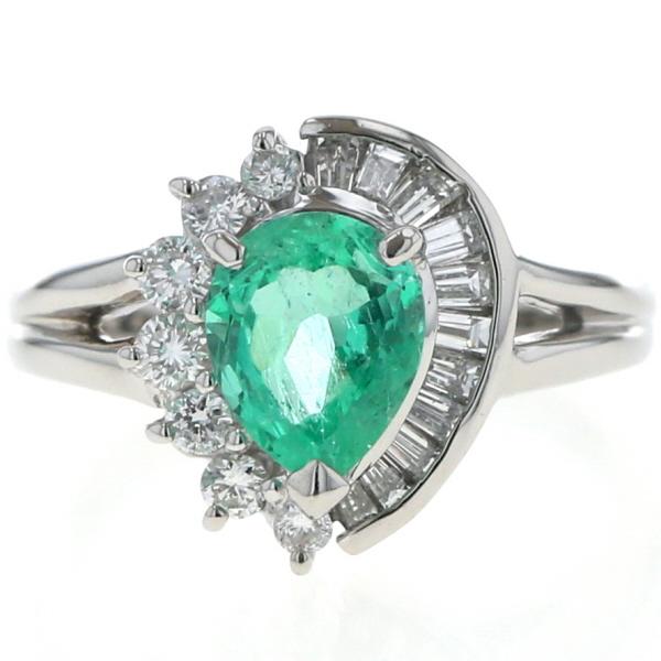 Pt850 プラチナ リング エメラルド 0.98ct ダイヤモンド 0.41ct 取り巻き ペアシェイプカット 指輪 8号【新品仕上済】【zz】【中古】