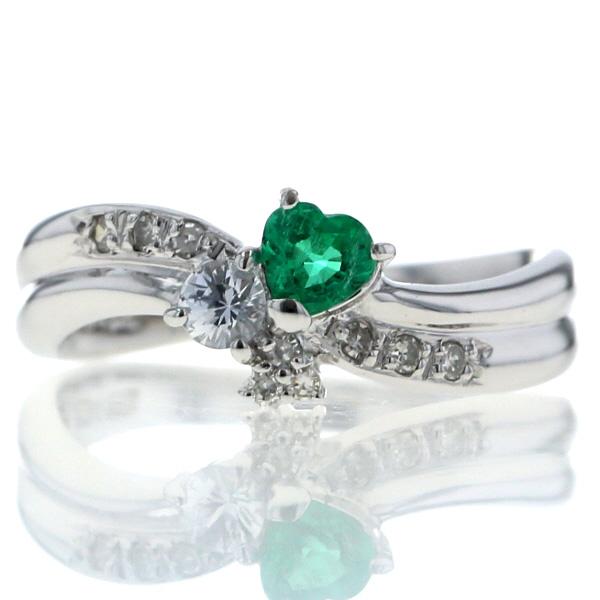 K14WG ホワイトゴールド リング エメラルド ホワイトサファイア ダイヤモンド ハート ウェーブ 指輪 11号【新品仕上済】【zz】【中古】