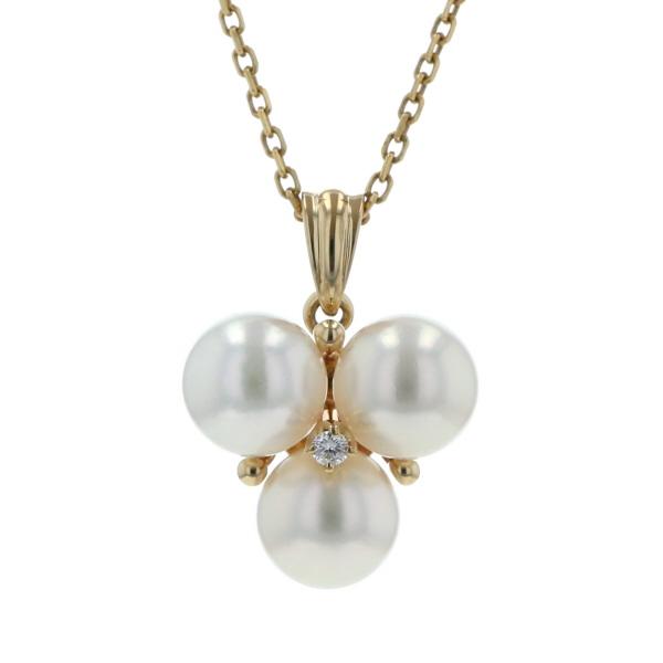 MIKIMOTO ミキモト K18YG イエローゴールド ネックレス 真珠 6.6mm ダイヤモンド 3粒 デザイン 38cm【新品仕上済】【zz】【中古】