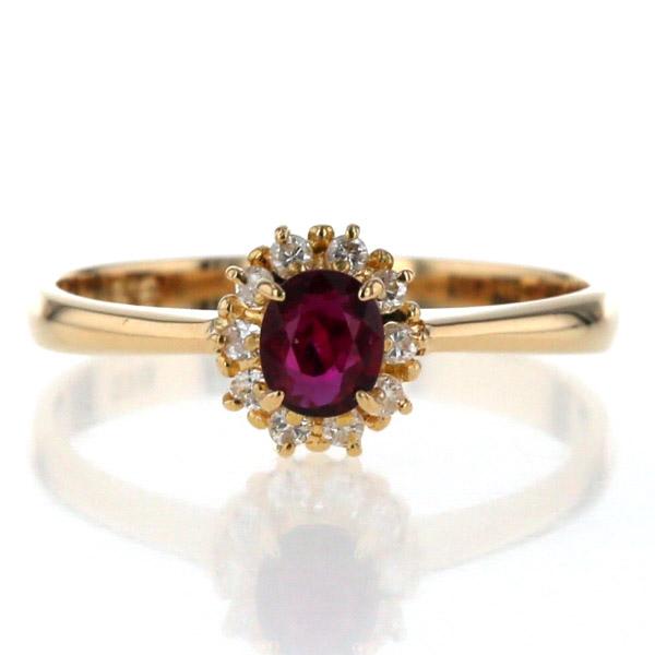 K18YG イエローゴールド リング ルビー ダイヤモンド オーバル 取り巻き 絞り シンプル 指輪 12号【新品仕上済】【zz】【中古】
