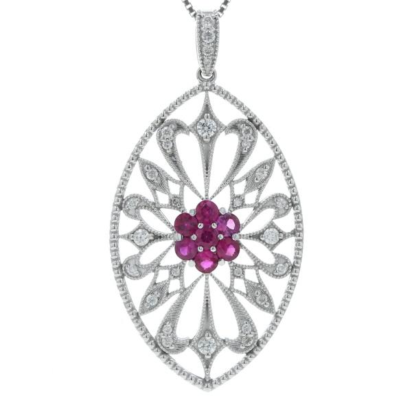 K18WG ホワイトゴールド ネックレス ルビー 0.55ct ダイヤモンド 0.25ct 花 ミル打ち 透かし 44cm【新品仕上済】【zz】【中古】