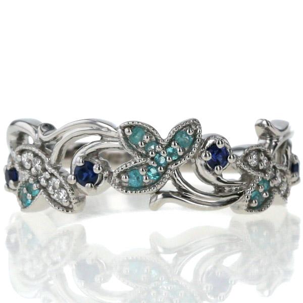 GSTV Pt950 プラチナ リング パライバトルマリン0.06ct サファイア ダイヤモンド 花 葉 ミル打ち 指輪 20号【新品仕上済】【zz】【中古】の通販は 102,850円