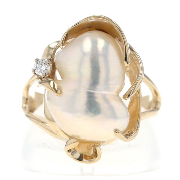 K14YG イエローゴールド リング 真珠 ダイヤモンド バロックパール