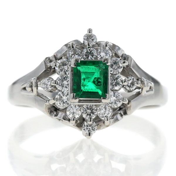 値下げ 伊勢丹 Pt900 プラチナ リング エメラルド 0.29ct ダイヤモンド 0.27ct スクエア 取り巻き 割れ腕 指輪 9.5号【新品仕上済】【zz】【中古】