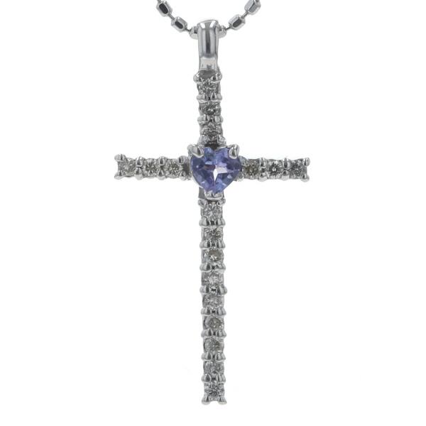 K18WG ホワイトゴールド ネックレス タンザナイト ダイヤモンド 0.12ct 十字架 クロス ハート 39cm【新品仕上済】【zz】【中古】
