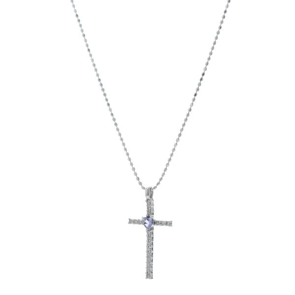 K18WG ホワイトゴールド ネックレス タンザナイト ダイヤモンド 0.12ct 十字架 クロス ハート 39cm【新品仕上済】【zz】【中古】_1