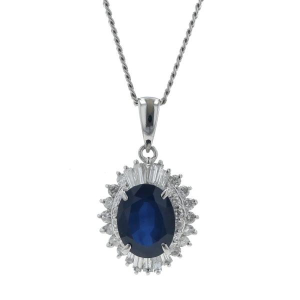 Pt900 Pt850 プラチナ ネックレス サファイア 2.63ct ダイヤモンド 0.55ct オーバル 取り巻き 40cm【新品仕上済】【zz】【中古】