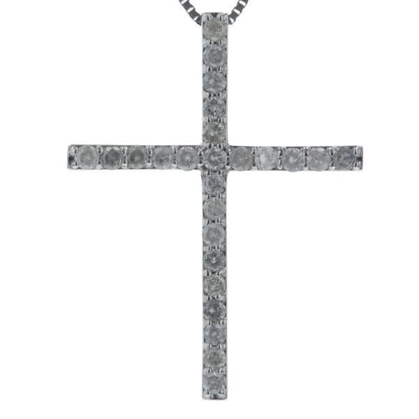 K14WG ホワイトゴールド ネックレス ダイヤモンド 1.00ct ラウンド クロス 十字架 ベネチアンチェーン 45cm【新品仕上済】【zz】【中古】