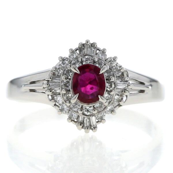 Pt900 プラチナ リング ルビー 0.33ct ダイヤモンド 0.27ct オーバル バケット 二重取り巻き 指輪 11号【新品仕上済】【zz】【中古】