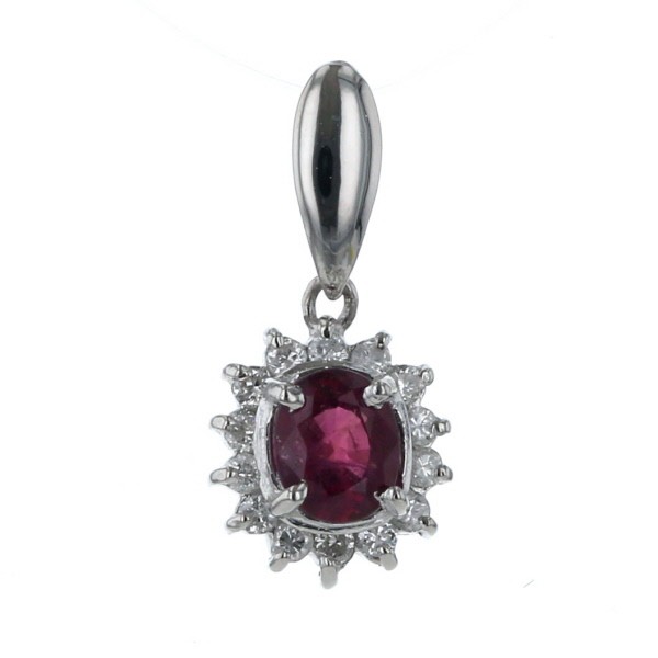 Pt900 プラチナ ペンダントトップ ルビー 0.62ct ダイヤモンド 0.14ct オーバル ラウンド 取り巻き【新品仕上済】【zz】【中古】の通販は