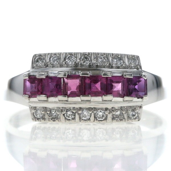 Pt900 プラチナ リング ルビー 0.66ct ダイヤモンド 0.12ct 3列 スクエア ライン 指輪 17号 鑑別書付【新品仕上済】【zz】【中古】