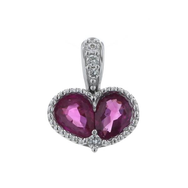 GSTV K18WG ホワイトゴールド ネックレストップ ルビー 0.40ct ダイヤ 0.03ct ハート 雫 2粒 ミルグレイン【新品仕上済】【zz】【中古】