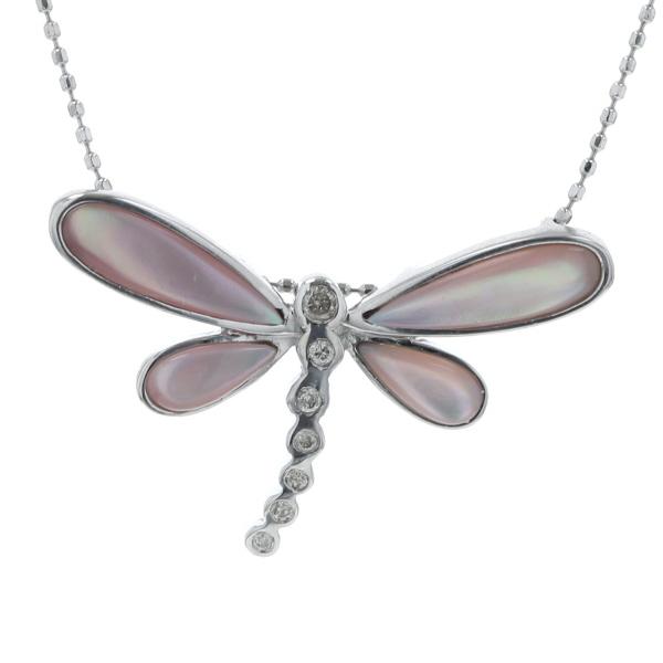 K18WG ホワイトゴールド ネックレス シェル ダイヤモンド0.06ct 蜻蛉 トンボ モチーフ 昆虫 アニマル 40cm【新品仕上済】【zz】【中古】