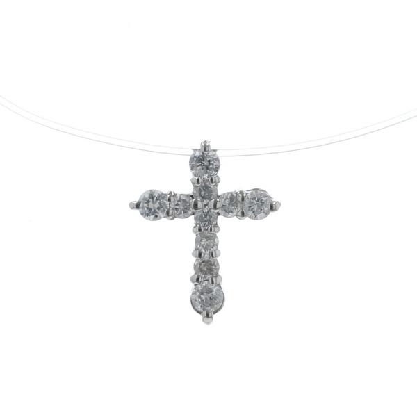 値下げ Pt900 Pt850 プラチナ ネックレス ダイヤモンド 0.30ct 十字架 クロス 透明コード シンプル 39cm【新品仕上済】【zz】【中古】