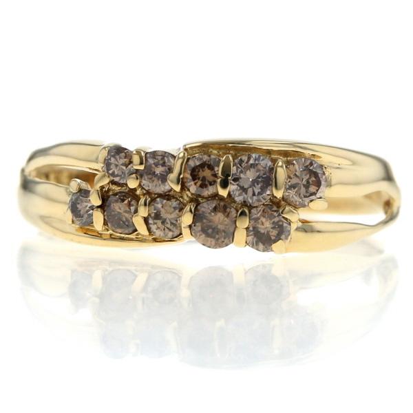 K18YG イエローゴールド リング ダイヤモンド 0.50ct ブラウンダイヤ ラウンド 2列 斜め 割り腕 指輪 18号【新品仕上済】【zz】【中古】