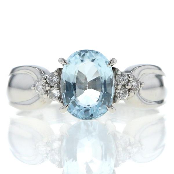 Pt850 プラチナ リング アクアマリン 1.34ct ダイヤモンド 0.10ct オーバル サイドストーン 絞り 指輪 12号【新品仕上済】【zz】【中古】