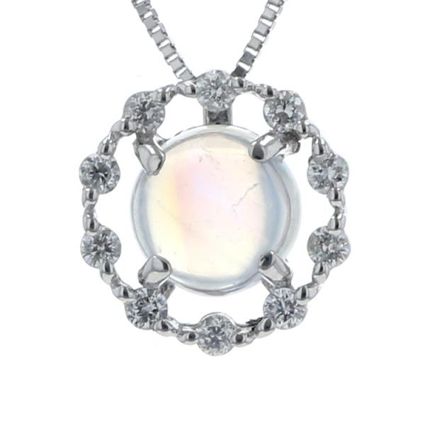 K18WG ホワイトゴールド ネックレス ダイヤモンド 0.13ct ブルームーンストーン 0.90ct サークル 45cm【新品仕上済】【zz】【中古】