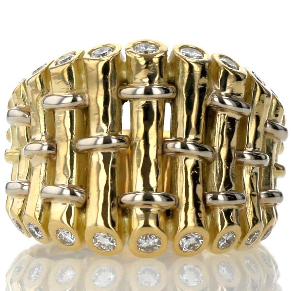 K18YG イエローゴールド リング ダイヤモンド 0.44ct ラウンド 竹 バンブー 幅広 デザイン 指輪 15号【新品仕上済】【zz】【中古】の通販は