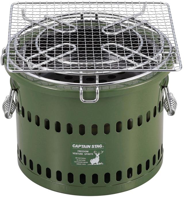 キャプテンスタッグ CAPTAIN STAG アウトドア ポータブル 水冷七輪 オリーブ キャンプ キャンプ用品 ストーブ 炭火焼 炭火焼き バーベキュー BBQ 屋外専用 ゴトク アミ 網 セット 煮炊き 焼き物  UG0090