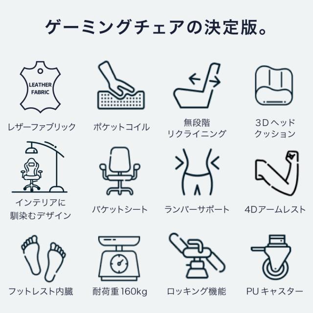 【週末限定10%OFFクーポン】ゲーミングチェア レザーファブリック 2脚セット 選べる ポケットコイル ファブリック レザー調 おしゃれ 多機能 オットマン ハイバック オフィスチェア リクライニング キャスター 昇降 パソコンチェア PC ゲー_6