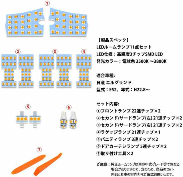 E52 Led ルームランプ ニッサン エルグランド E52 専用設計 電球色 3500k 室内灯 爆光 3チップsmd搭載 カスタムパーツ Nissan Elgrand E5の通販はau Pay マーケット Jp Life