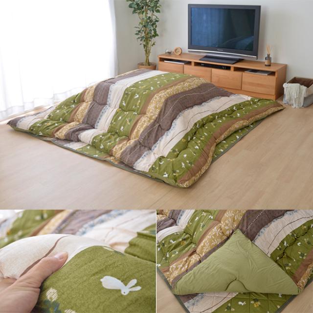 こたつ布団 掛敷セット 長方形 セット 和柄 ウサギ柄 グリーン ローズ 約205×315cm こよみ 掛敷セット 《os》