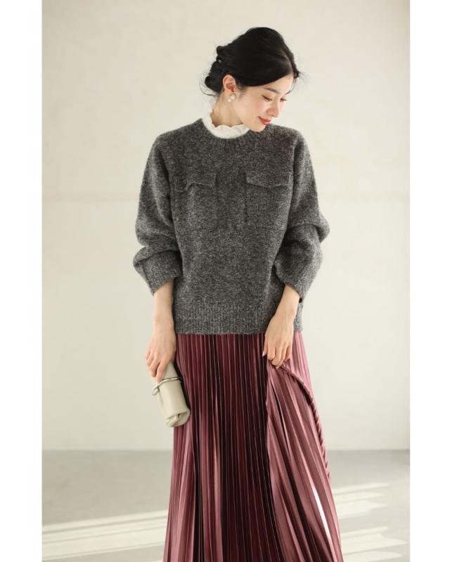 新作1月28日 ダブルポケットのミックスニットプルオーバートップス