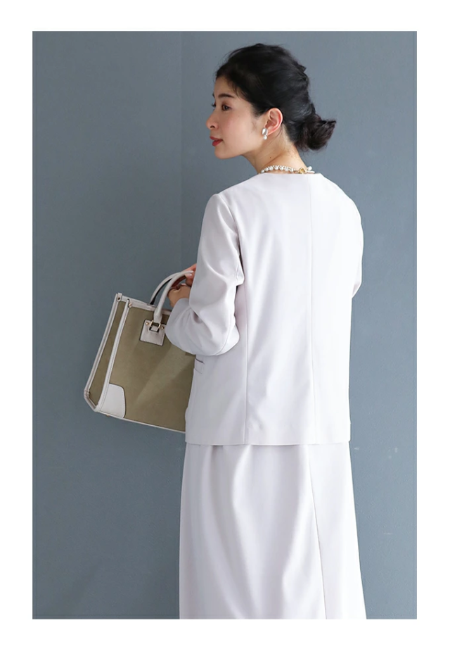 再入荷8月4日 （S~M/L~2L対応）薄手ver 動きやすさに感動 伸縮 襟なし ジャケット fch00016 cawaii レディース ファッション オフィス 就活 面接 フォーマル カラー 夏 秋 長袖 ゆとり ミセス 30代 40代 50代 母の日