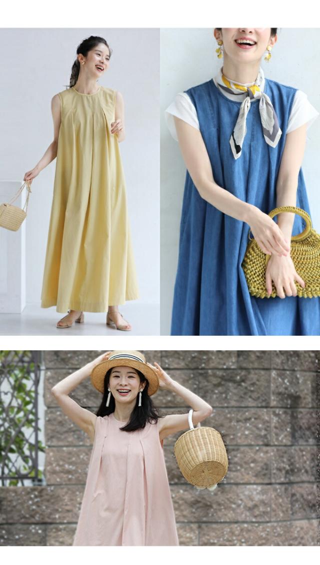 再入荷5月24日 （S~L対応）ほっそりさんの 胸元カバーワンピ fzp00085od cawaii シャーベットカラー パステル ワンピース ロング 春 夏 ノースリーブ 体型カバー マキシ カシュクール カジュアル 無地 シンプル タック デニム リゾート 母の日