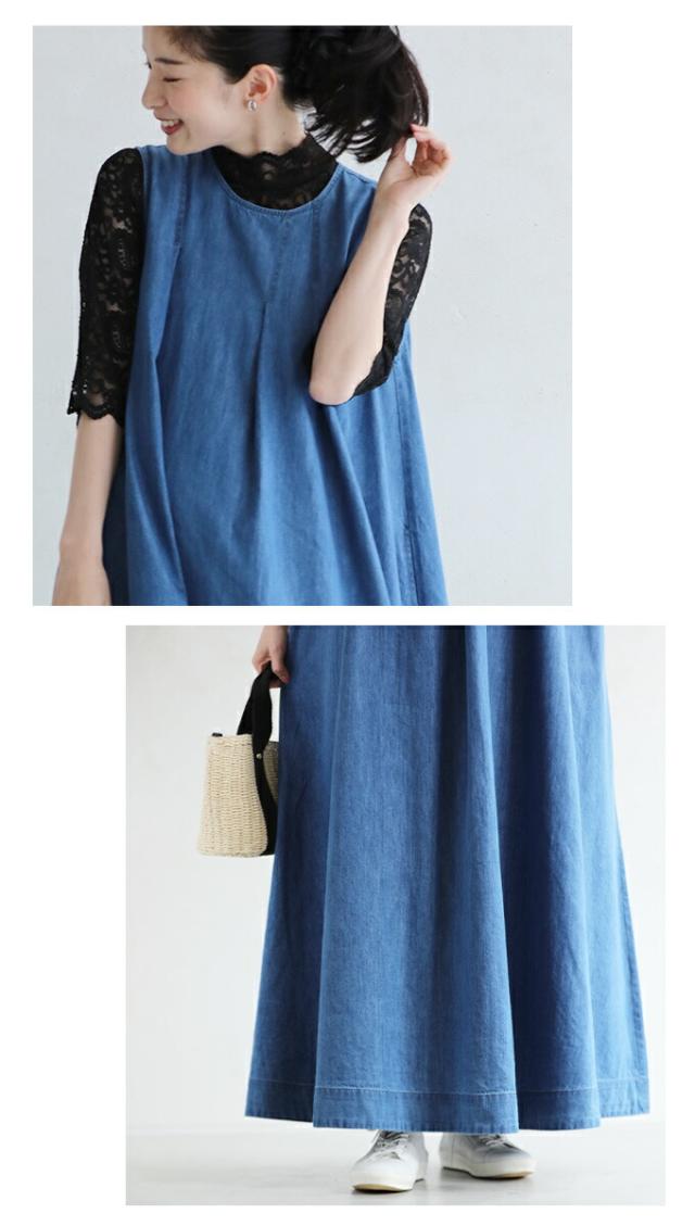 再入荷5月24日 （S~L対応）ほっそりさんの 胸元カバーワンピ fzp00085od cawaii シャーベットカラー パステル ワンピース ロング 春 夏 ノースリーブ 体型カバー マキシ カシュクール カジュアル 無地 シンプル タック デニム リゾート 母の日