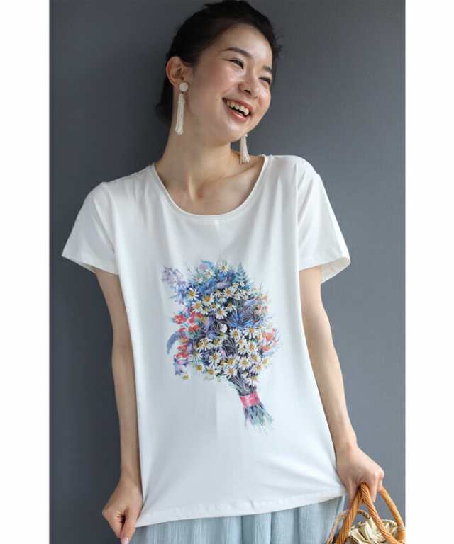 新品未使用 オンラブオフ 花柄 刺繍 ネイビー カジュアル Tシャツ