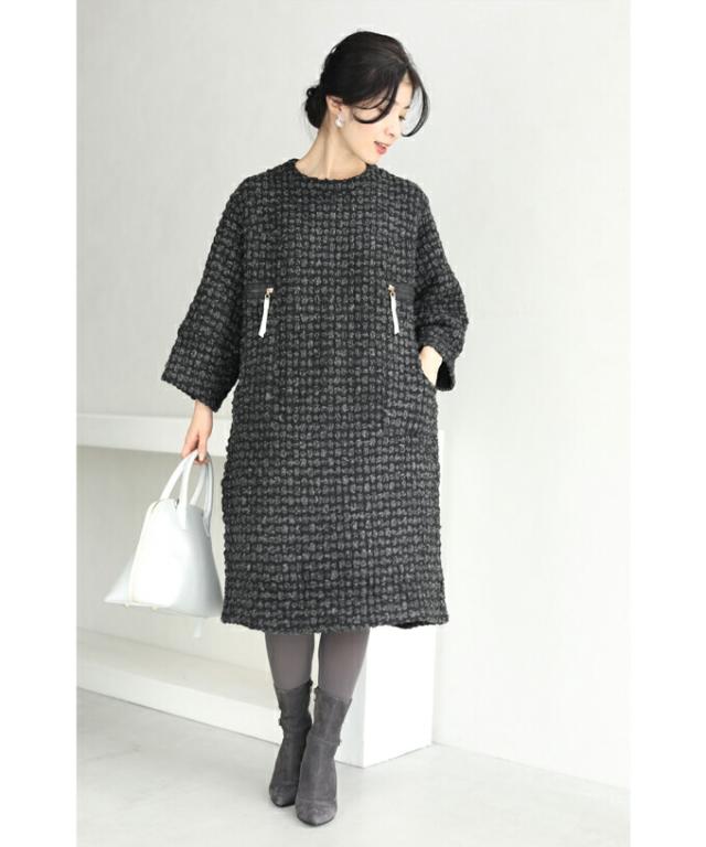 再入荷11月18日 冬新作 冬 w54273 ぽこぽこ柄が浮き立つフェイクポケットミディアムワンピース cawaii レディース ワンピース 膝丈 長袖 ゆったり ロング トップス チュニックワンピース お呼ばれ 通勤 きれいめ ミセス 60代 40代コーデ 50代 30代 冬新作 ワンピース 冬 w54273（S~3L対応） ぽこぽこ柄が浮き立つ