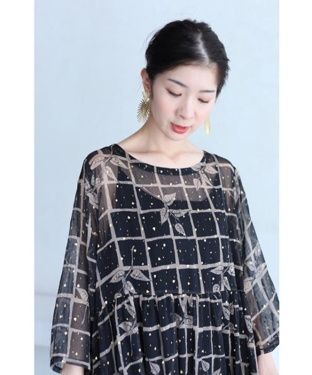 母の日 新作 シフォン ワンピース ボリューム袖 チェック 柄