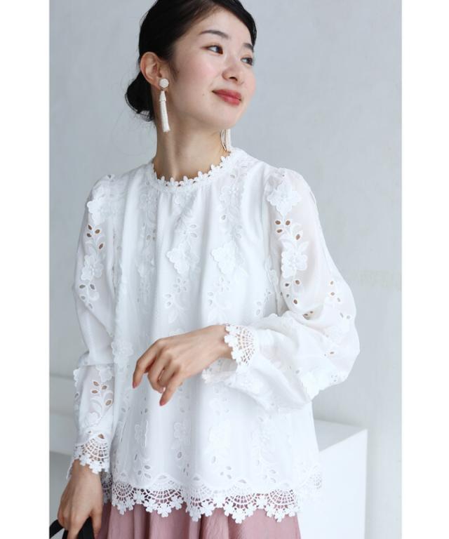 春新作 シャツ ブラウス 白 長袖 バルーンスリーブ シンプル 花柄
