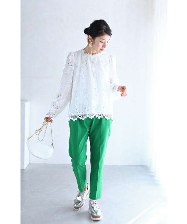 春新作 シャツ ブラウス 白 長袖 バルーンスリーブ シンプル 花柄