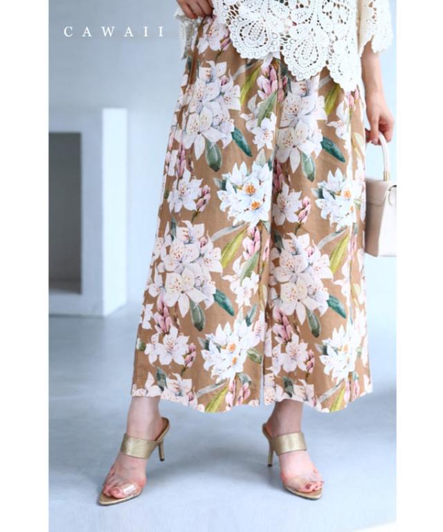 再入荷4月24日 優美な白花を描いた涼しいリネン風ワイドパンツ wkg00193 花柄 ワイドパンツ ウエストゴム 春 夏 オケージョン ゆったり 体型カバー フレア パンツ ガウチョパンツ スカーチョ 9分丈 リネン生地 麻 春 夏  夏   50代 60代 40代 母の日の通販は