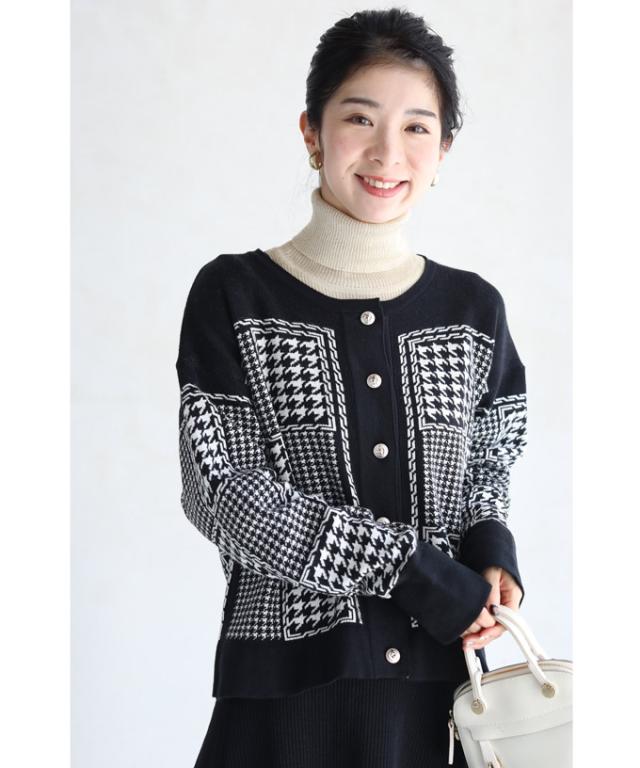 再入荷11月9日 （黒）千鳥格子柄カーディガンとリブニットワンピースの2点セット　(S~L対応) w60109ps cawaii ニットセットアップ レディース 秋冬 長袖 ニットカーディガン ニットワンピース 黒 ニットスカート 通勤  母の日 再入荷11月9日 （黒）千鳥格子柄カーディガンとリブニットワンピースの