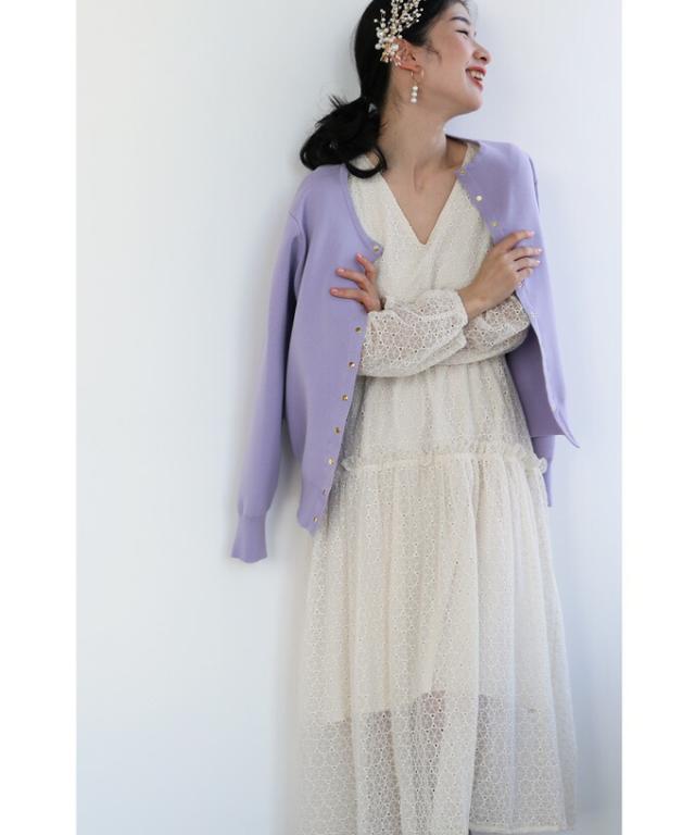 再入荷1月19日 （S対応）トライアングルで囲むサークルレースミディアムワンピース w60136ps cawaii ワンピース 長袖 vネック ウエストギャザー ひざ下丈 ワンピース ミモレ丈 ボリューム袖 袖レース 透け感 カシュクール シフォン 綿100％ オフィス 春 夏 きれいめ 母の日 再入荷1月19日 （S対応）トライアングルで囲むサークルレース