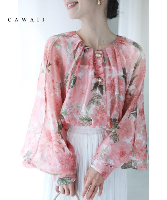 再入荷9月5日 春爛漫ふんわりシルエットのシアーチュニックトップス w60153ps cawaii 花柄 チュニック シフォンブラウス 長袖 バルーンスリーブ シアー 涼しい オフィス きれいめ 体型カバー シャツブラウス 大きいサイズ 母の日