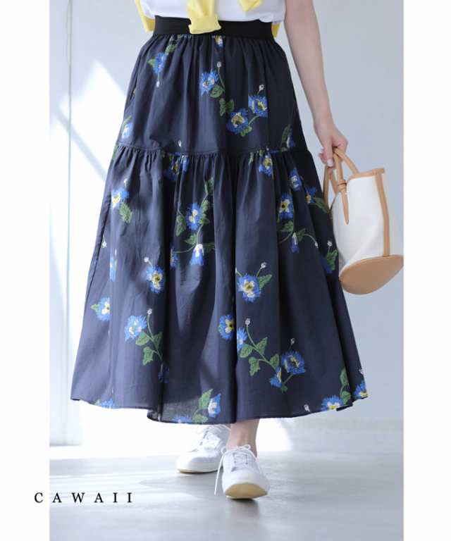 再入荷2月9日 （濃紺）可憐な青い花のふんわりミディアムスカート wkg00444 cawaii ウエストゴム スカート 膝丈 膝下丈 花柄 ティアード 体型カバー 春 スカート ロング マキシ スカート  50代 60代 40代 綿100％ フレア 母の日の通販は
