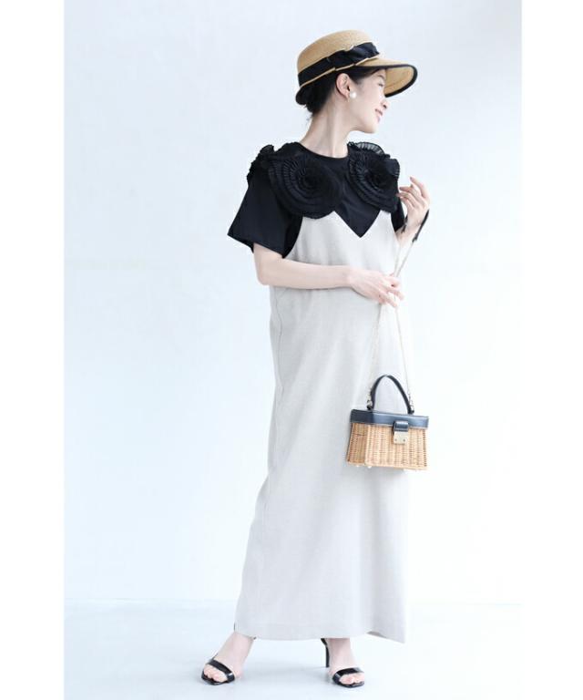 再入荷2月2日 （S~2L対応）（黒）プリーツの花咲くTシャツトップス