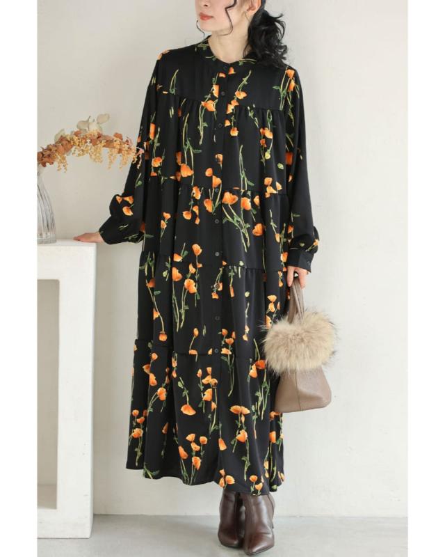 再入荷11月4日 （黒）夕陽色に染まる花柄ロングワンピース（紐付き） cawaii w61153ps 春 コーデ 夏 ティアード おでかけ リゾート 旅行 フレア 細見え 高級感 落ち感 体型カバー レディース ファッション ミセス 30代 40代 50代 再入荷11月4日 （黒）夕陽色に染まる花柄ロングワンピース（紐付き