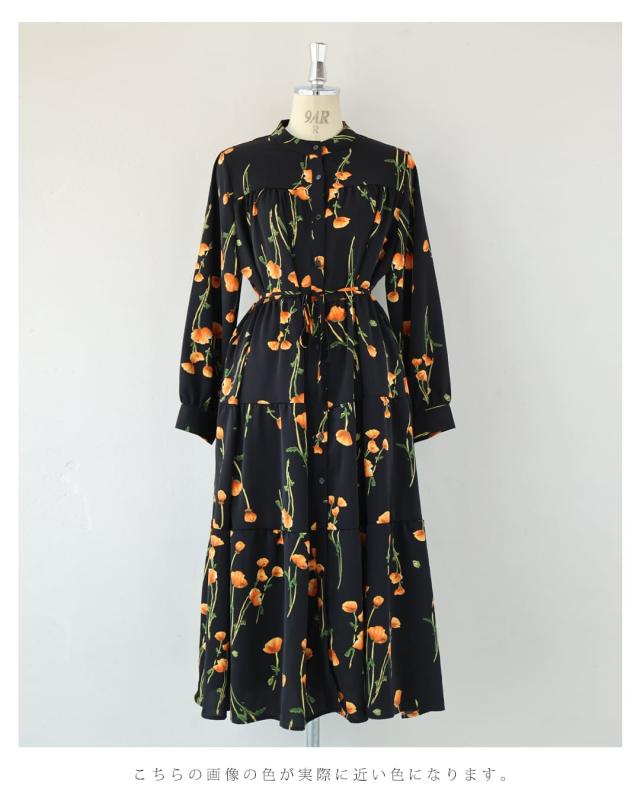 再入荷11月4日 （黒）夕陽色に染まる花柄ロングワンピース（紐付き） cawaii w61153ps 春 コーデ 夏 ティアード おでかけ リゾート 旅行 フレア 細見え 高級感 落ち感 体型カバー レディース ファッション ミセス 30代 40代 50代 再入荷11月4日 （黒）夕陽色に染まる花柄ロングワンピース（紐付き