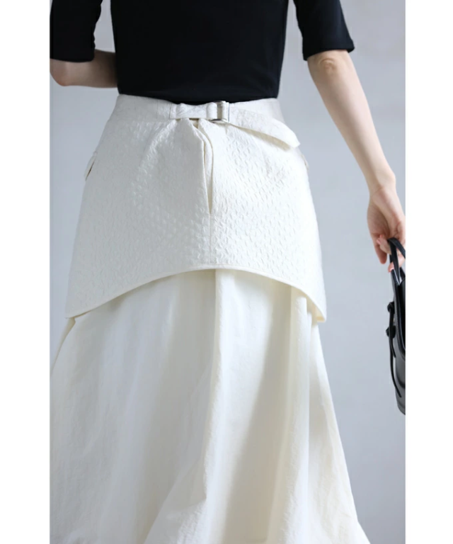 【閉店SALE】 （カバーベルト付き）異素材重なるデザインのアーバンロングスカート fse00031od cawaii ロング スカート Aライン ウエストゴム フレアスカート ゆったり 体型カバー おしゃれ　50代 60代 40代 春夏 冬 巻きスカート 防寒 母の日 再入荷7月15日 （カバーベルト付き）異素材重なるデザインのアーバン
