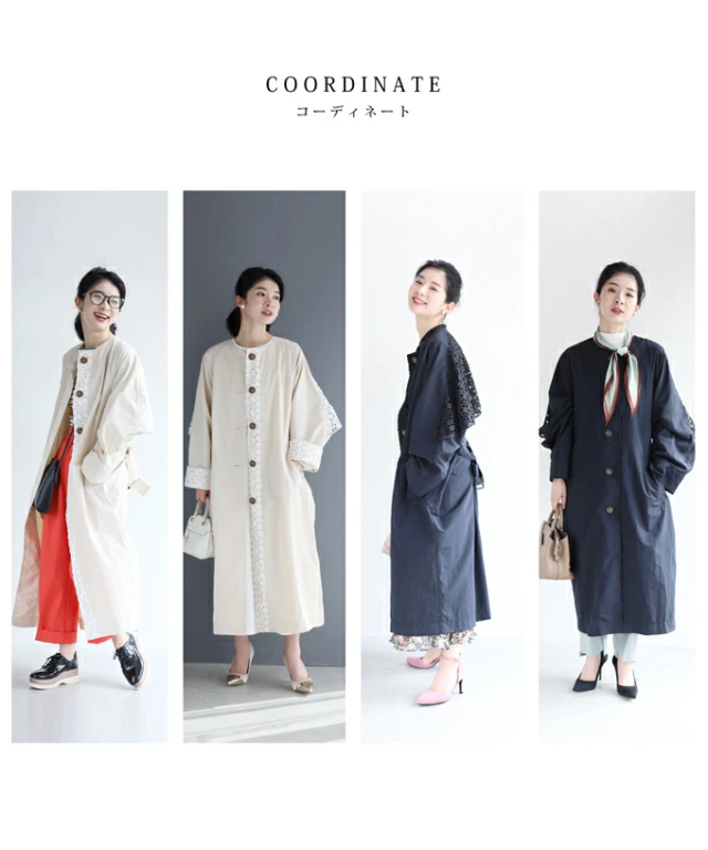 再入荷2月2日 （ベルト付き）後ろ姿に浮かぶ可愛いパンチングレースのシャカシャカライトコート fse00033od cawaii ライトアウター スプリングコート ロング丈 コート ノーカラー ベージュ パステル 体型カバー 花柄 刺繍 無地 カジュアル 母の日 再入荷2月2日 （ベルト付き）後ろ姿に浮かぶ可愛いパンチングレースの